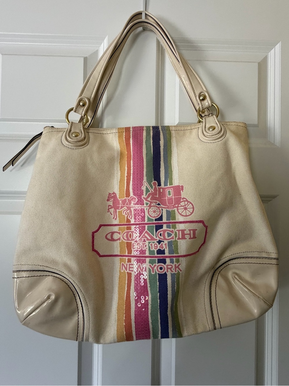 COACH Cream Canvas Rainbow Stripe Tote Bag